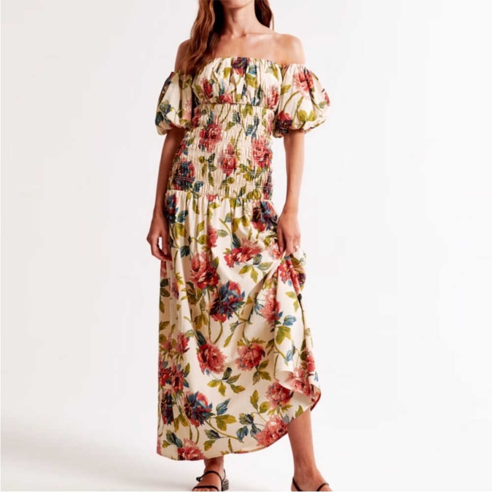 Abercrombie & Fitch Cream/Pale Yellow Floral Off-Shoulder Puff Sleeve Maxi Dress